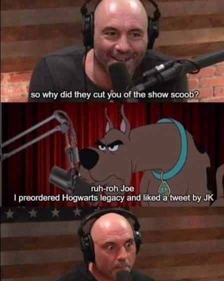 Joe Rogan podcast meme with Scooby-Doo about Hogwarts Legacy controversy