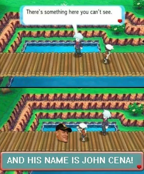 John Cena You Can't See Me — Pixel art farming game scene with NPC dialogue saying 'And his name is John Cena!' referencing the meme.