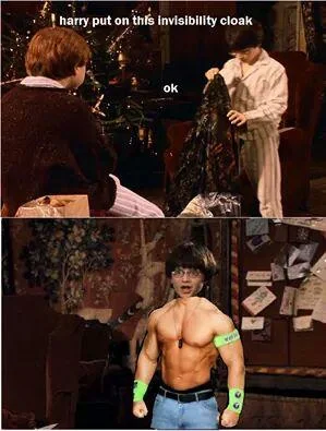 John Cena You Can't See Me — Comic-style meme featuring Harry Potter with invisibility cloak juxtaposed against John Cena with invisibility dialogue.