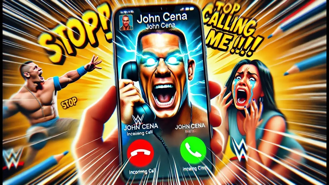 John Cena Prank Call — A smartphone screen showing John Cena's face with 'Incoming Call' and explosive graphics with 'STOP CALLING ME!!!' text.
