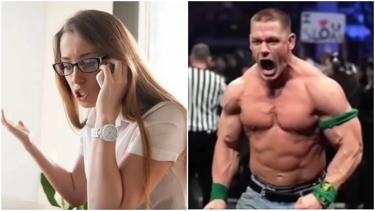 John Cena Prank Call — A side-by-side reaction meme featuring a surprised woman in glasses and shirtless John Cena yelling triumphantly.
