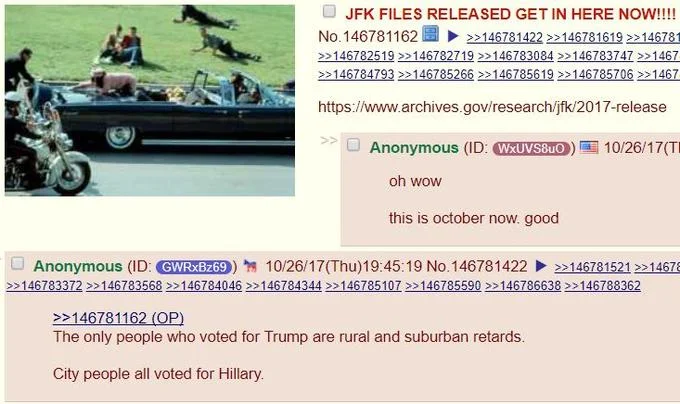 John F. Kennedy Assassination Records Declassification — 4chan thread screenshot about JFK Files release with Kennedy motorcade image
