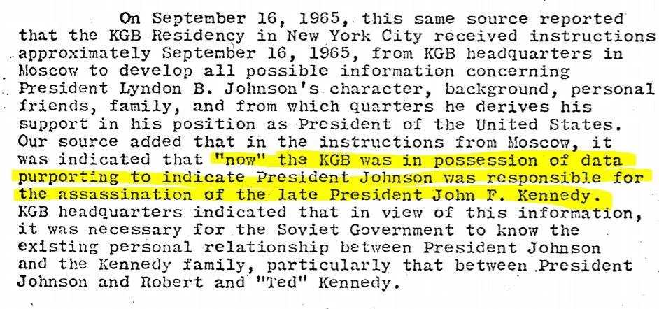 John F. Kennedy Assassination Records Declassification — Declassified document excerpt highlighting KGB claims that LBJ was responsible for JFK's assassination