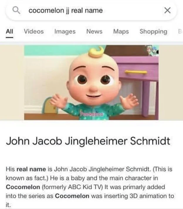 Google search result screenshot claiming CoComelon's JJ character's real name is John Jacob Jingleheimer Schmidt