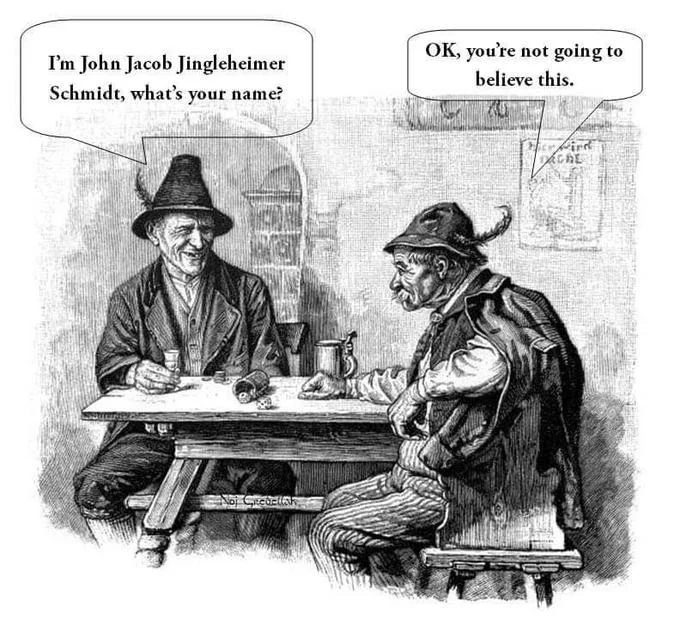 Vintage illustration of two old men at a tavern table trading introductions and realizing they share the name John Jacob Jingleheimer Schmidt