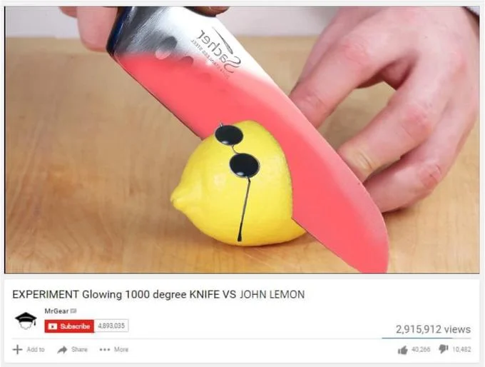 John Lemon — Parody YouTube thumbnail of a 1000 degree knife cutting a sunglasses-wearing lemon