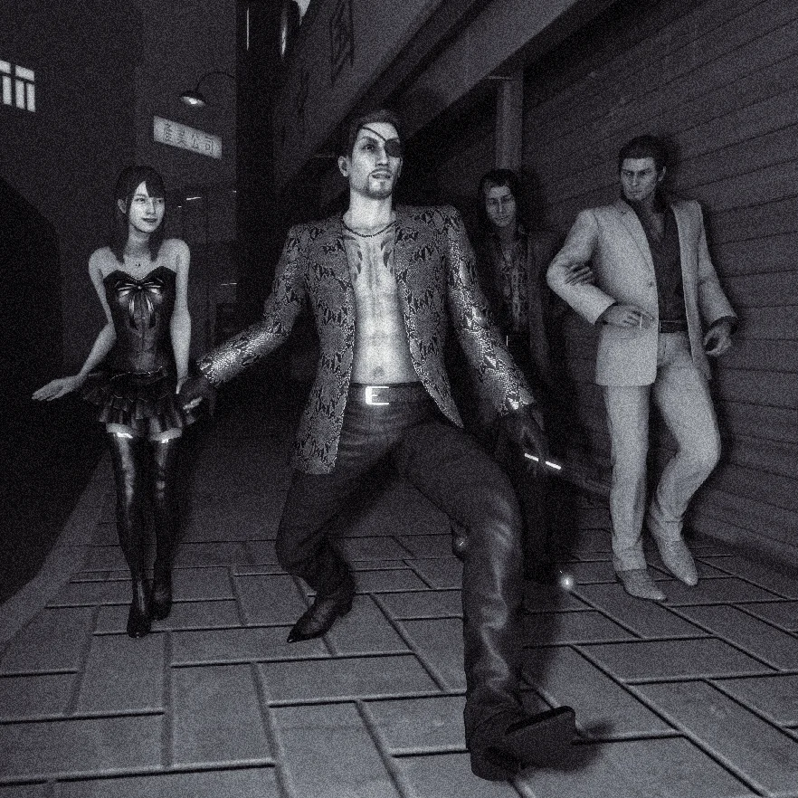 John Lennon The Absolute Madman — Yakuza character Kiryu with eyepatch striking a Lennon-style silly walk pose in a moody alley