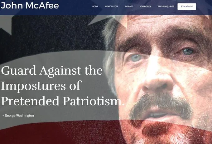 John McAfee 2016 presidential campaign website homepage