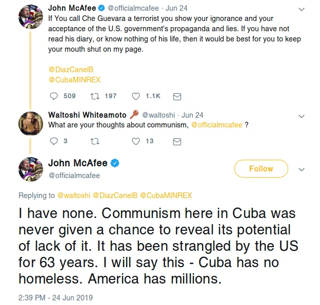 John McAfee Twitter thread defending Che Guevara and Cuba