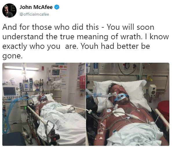 John McAfee tweet with photos of him unconscious in hospital