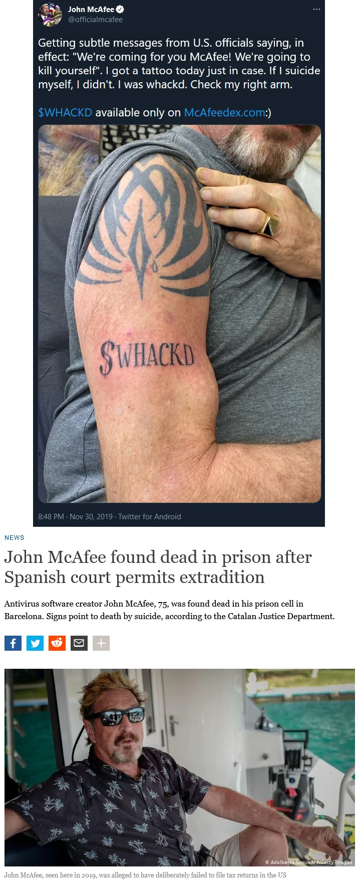 John McAfee — McAfee $WHACKD tattoo tweet paired with news of his prison death