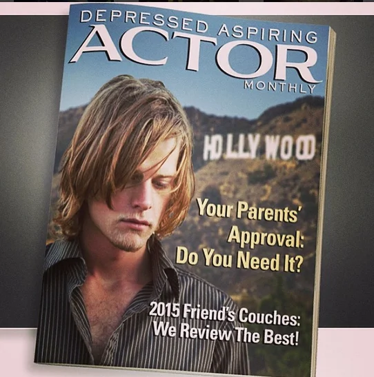 John Oliver — Parody 'Depressed Aspiring Actor Monthly' magazine cover with a moody long-haired man near the Hollywood sign