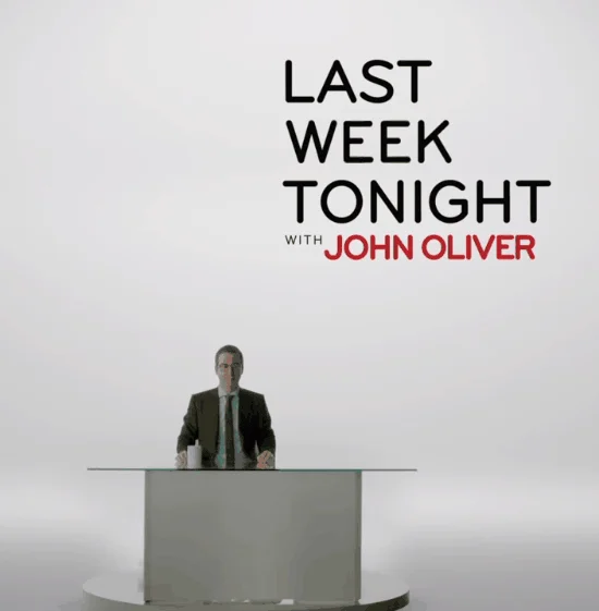 Last Week Tonight with John Oliver title card with Oliver at a desk