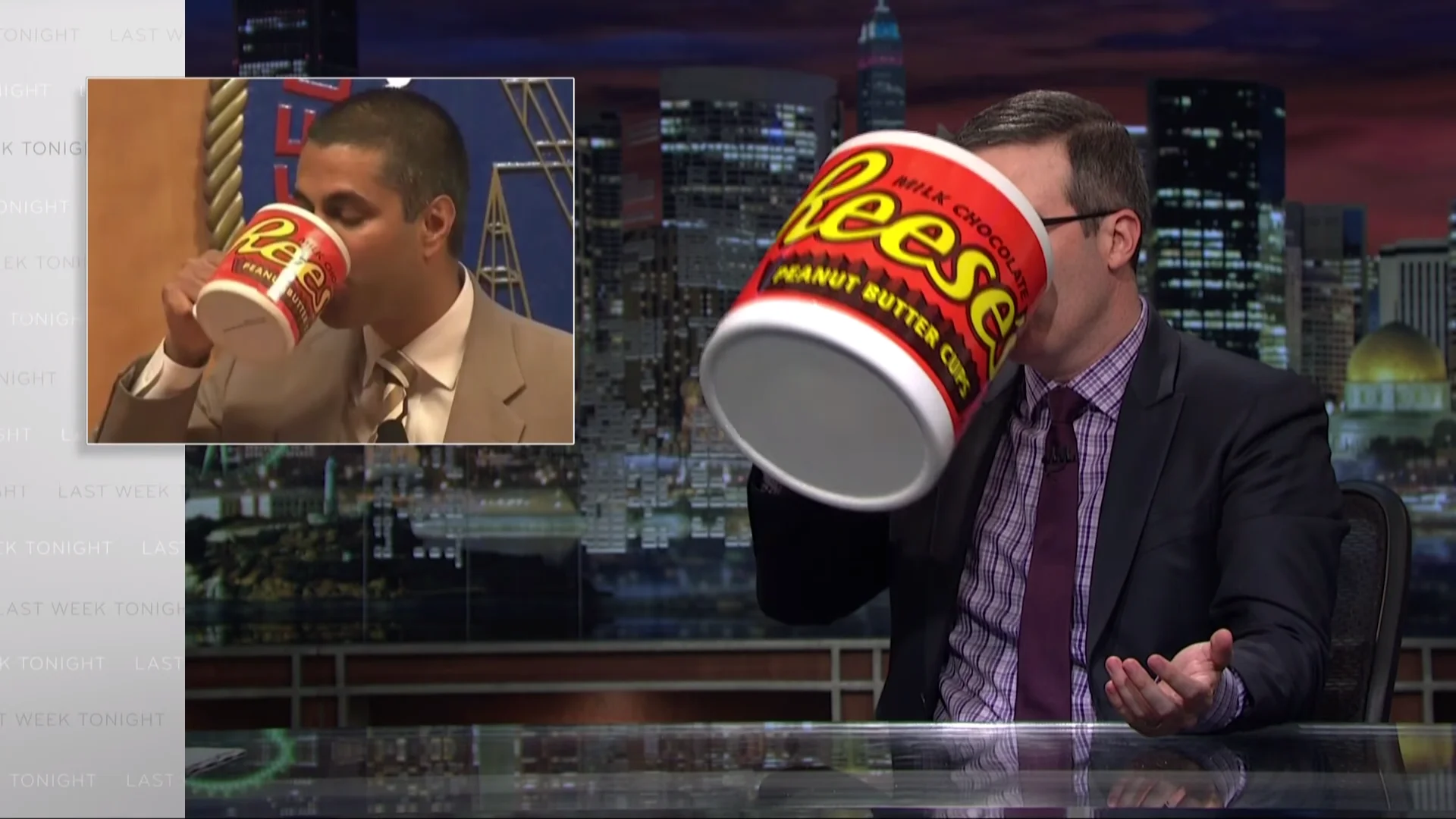 John Oliver holds an oversized Reese's tub in front of his face, mirroring an Ajit Pai photo inset