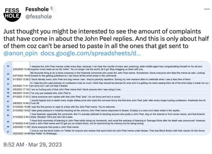 John Peelposting — Fesshole confession about weight loss followed by a John Peel-posting reply naming The Fatback Band
