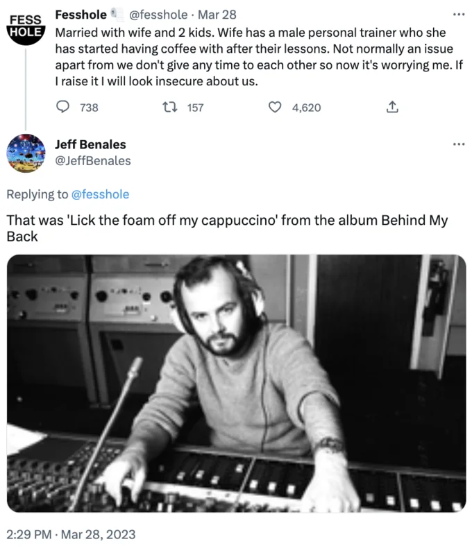 John Peelposting — Fesshole tweet with spreadsheet of user complaints about the John Peel meme replies