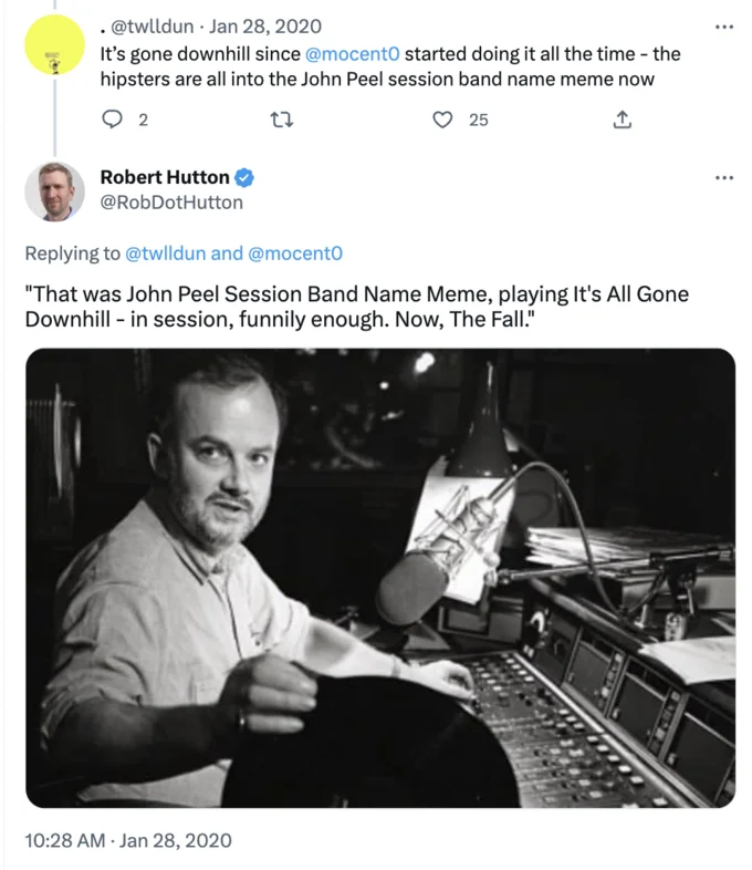 John Peelposting — Black-and-white photo of DJ John Peel wearing headphones at a radio studio mixing desk