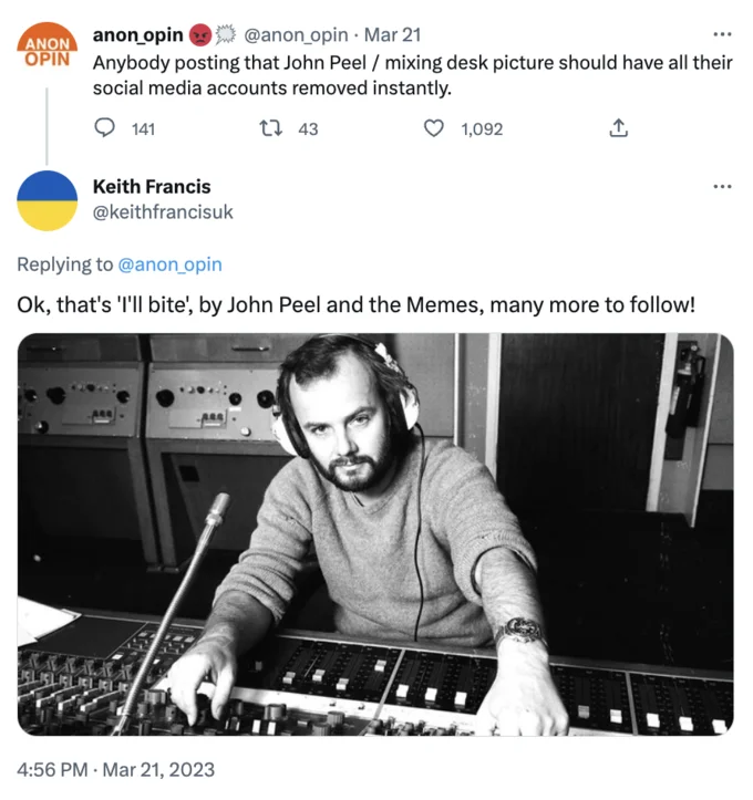John Peelposting — Fesshole tweet with a John Peel-posting reply naming the song 'Lick the foam off my cappuccino'
