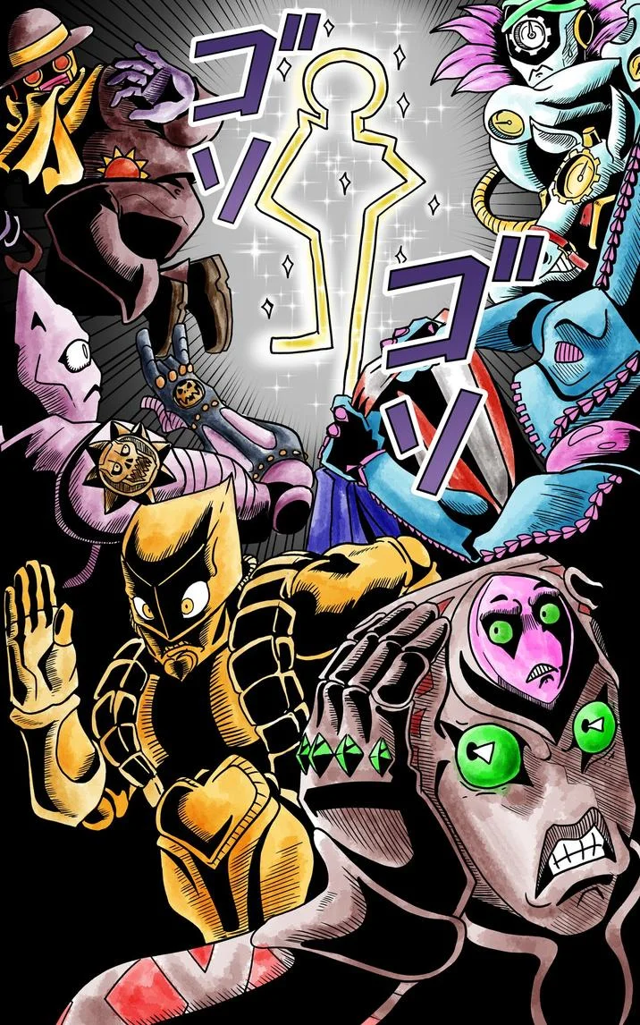 Colorful fan art of John Rod glowing at the center while famous JoJo stands look on in astonishment