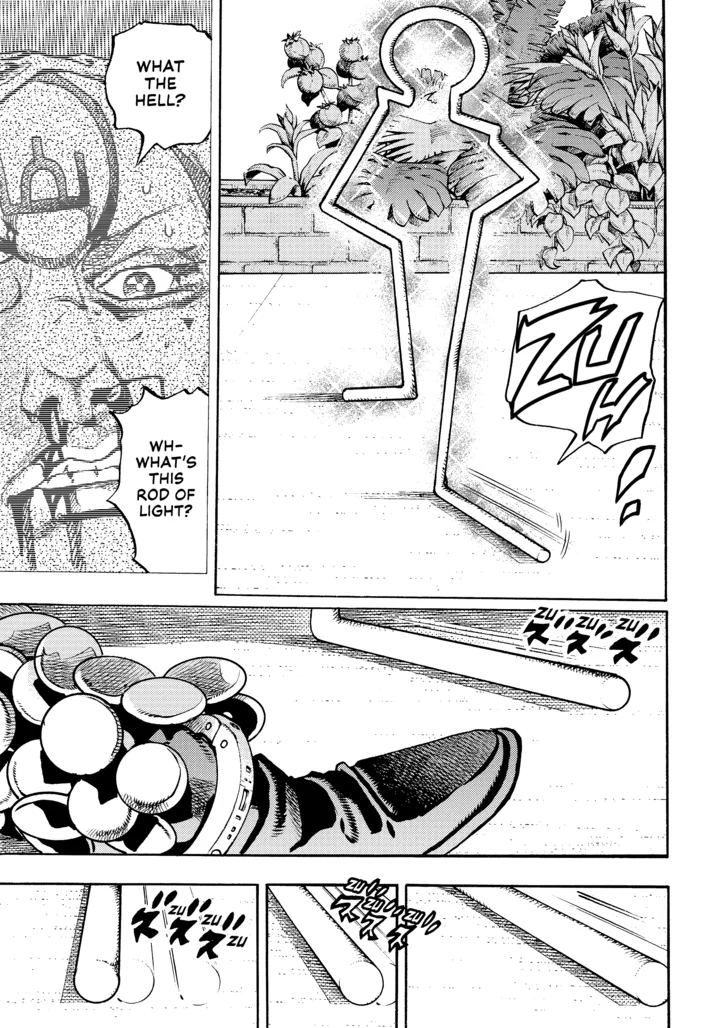 Manga panel of a shocked man asking 'what's this rod of light?' as the outline of John Rod appears in a plant-filled courtyard