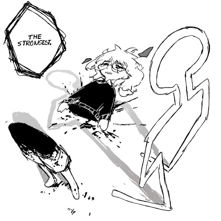 Sketch labeled 'The Strongest' with a defeated anime girl next to the John Rod stand outline