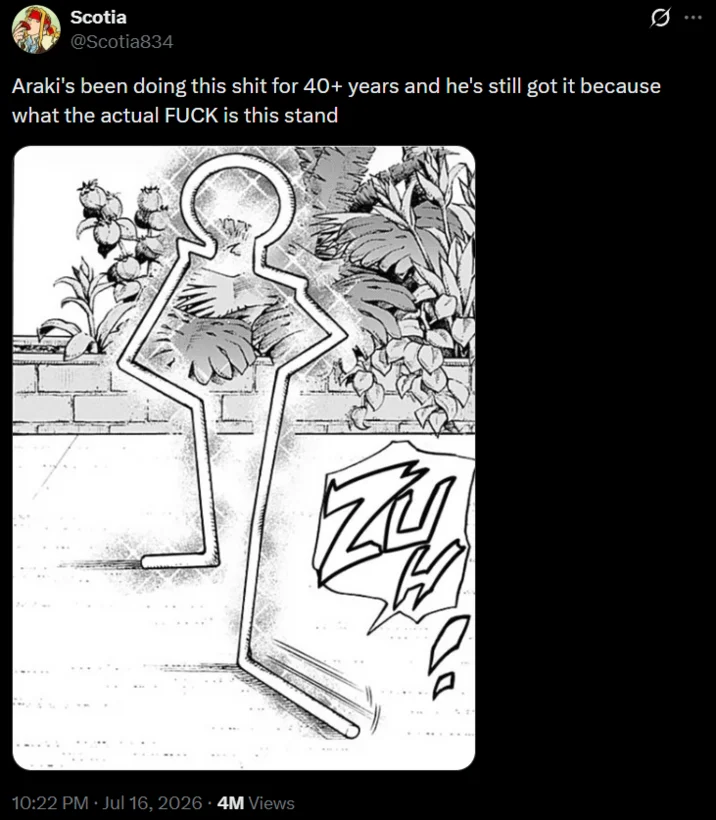 Screenshot of a tweet by @Scotia834 marveling at the bizarre John Rod stand design from JoJo's manga