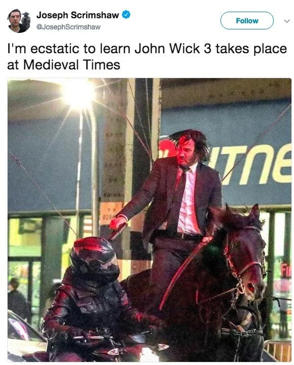 John Wick On a Horse — Brianna Wu tweet praising the motorcyclist's safety gear next to John Wick on horseback.