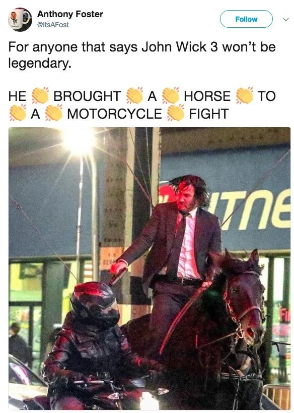 John Wick On a Horse — Carson Shoemaker tweet coining Horse-fu for John Wick alongside the horseback set image.