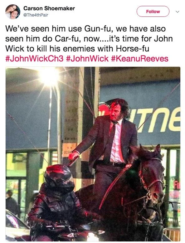John Wick On a Horse — Tweet comparing John Wick 3 to My Little Pony Friendship is Magic with the set image of Keanu on horseback.