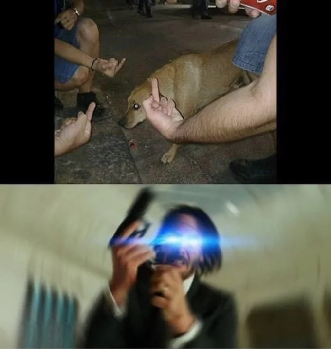 Text meme about movie villains killing dogs above John Wick reloading