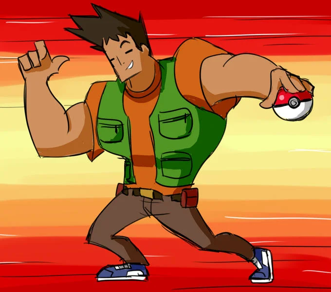 Pokemon's Brock striking a Johnny Bravo pose while holding a Poke Ball