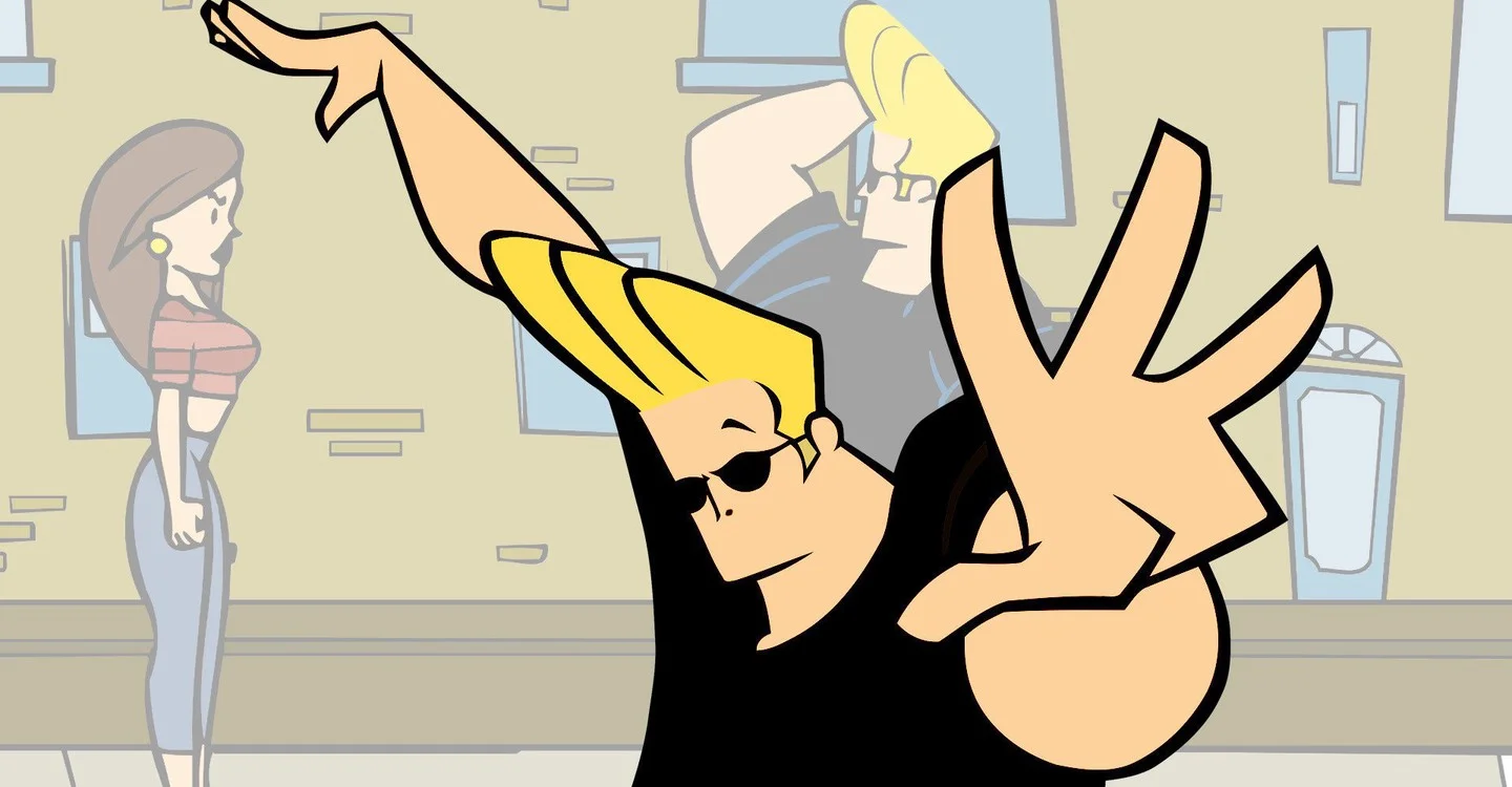 Johnny Bravo posing with sunglasses while a woman walks past in the background
