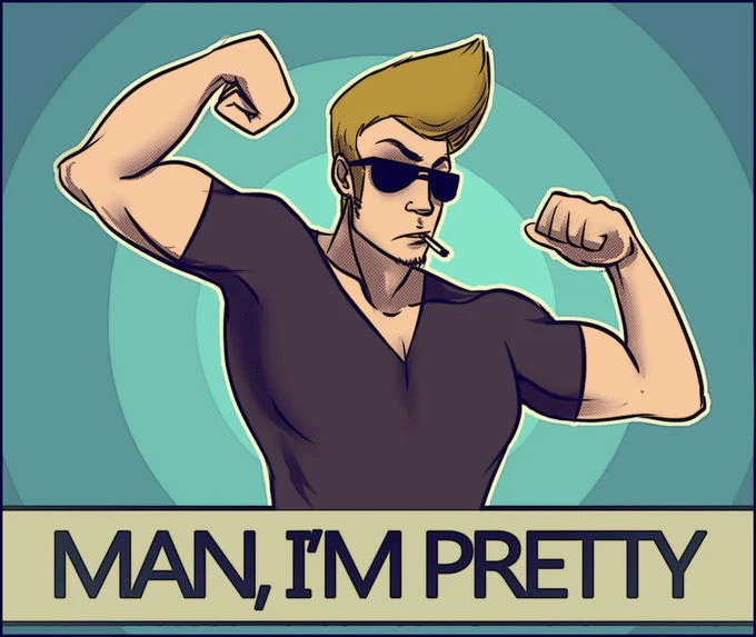 Fan art of Johnny Bravo flexing with the caption 'Man, I'm Pretty'