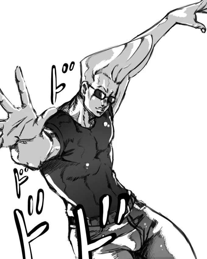 Manga-style black and white fan art of Johnny Bravo posing dramatically