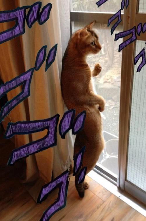 Jojo Menacing — A brown animal standing upright surrounded by purple menacing symbols exemplifying humorous application to creatures.