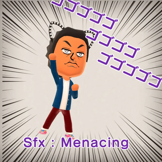 Jojo Menacing — A cartoon character with angry expression surrounded by purple menacing symbols and sound effect label.
