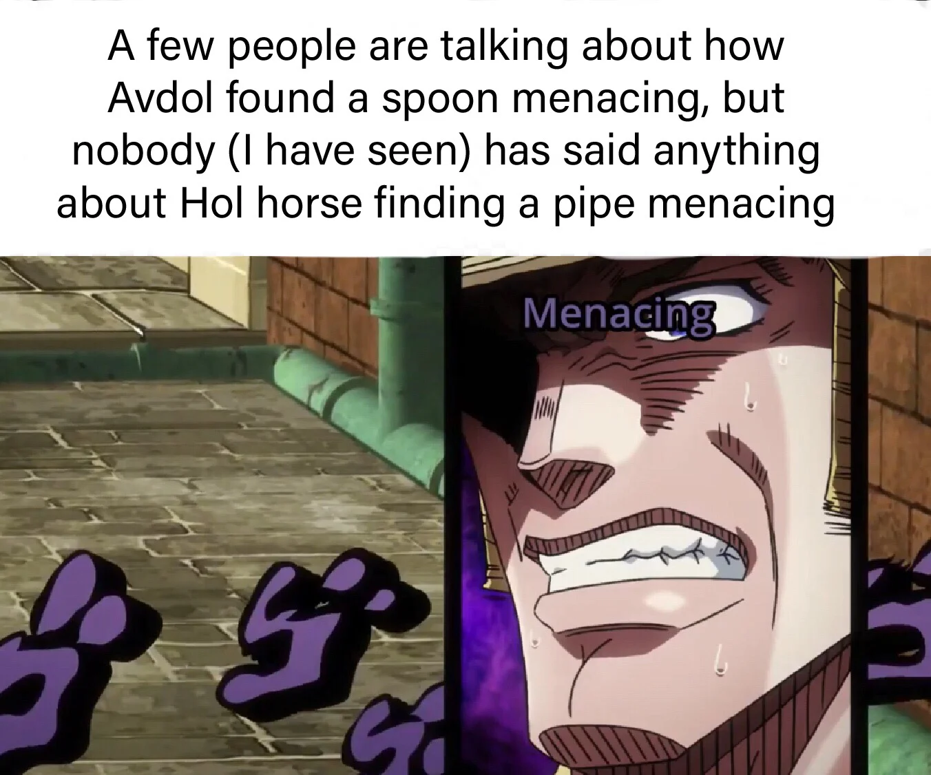 Jojo Menacing — A multi-panel JoJo's meme showing manga excerpts with text discussing menacing objects and purple menacing sound effect symbols.