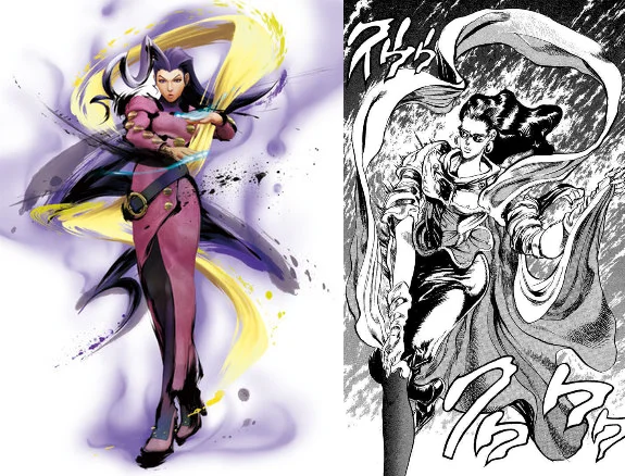 Jojo References — Split-panel comparison showing a vibrant JoJo character in action pose paired with original manga artwork.
