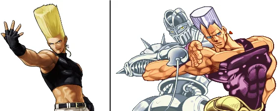 Jojo References — Split image showing a blond fighting game character with flat-top hairstyle next to a JoJo's character with similar features.