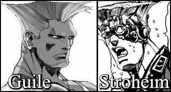 Jojo References — A side-by-side comparison of Guile from Street Fighter and Stroheim from JoJo's showing similar flat-top hairstyles.