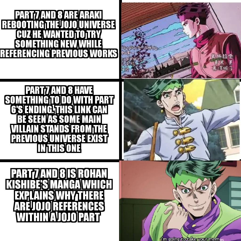 Jojo References — A three-panel meme featuring JoJo characters paired with fan theories about Parts 7 and 8 being within JoJo itself.