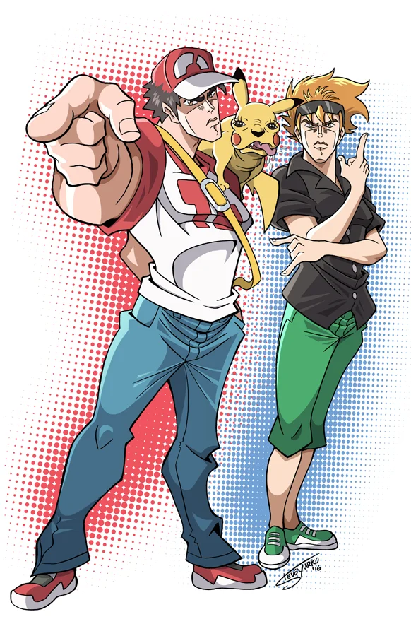 Jojo References — Pokémon trainer and Pikachu reimagined in JoJo's signature visual style with bright halftone dots and vivid colors.