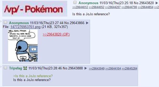 Jojo References — Screenshot from an imageboards discussion thread about Pokémon with multiple users asking 'Is this a Jojo reference?'