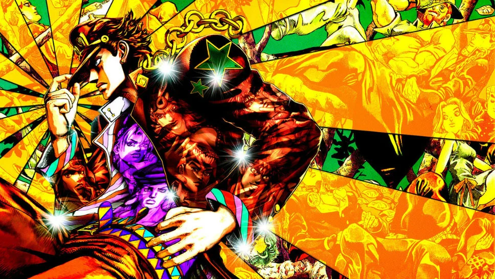 JoJo's Bizarre Adventure — Jotaro Kujo and Star Platinum with JoJo characters on colorful sunburst background