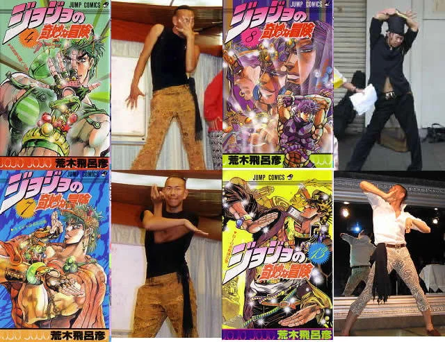 Jojos Pose — Six-panel collage showing fans recreating exact poses from JoJo's manga covers in both indoor and outdoor settings.