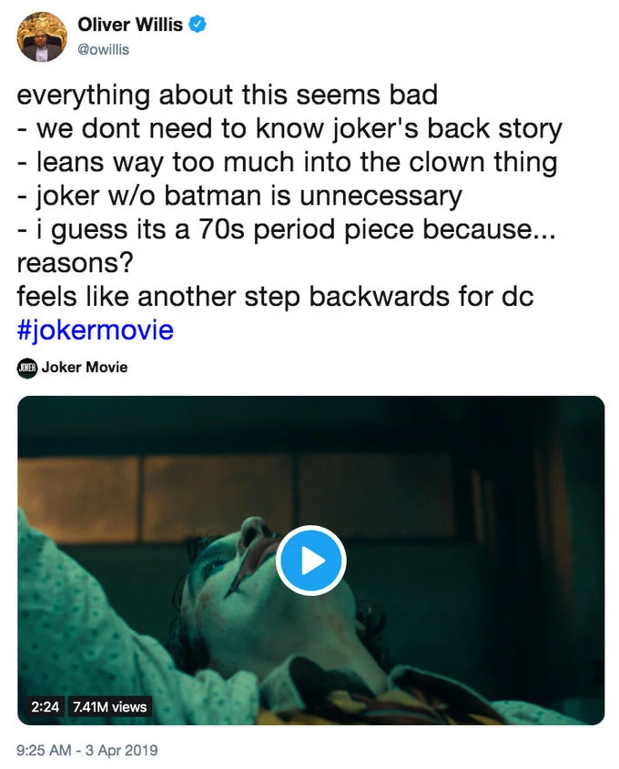 Joker (2019 Film) — Oliver Willis tweet criticizing the Joker 2019 trailer