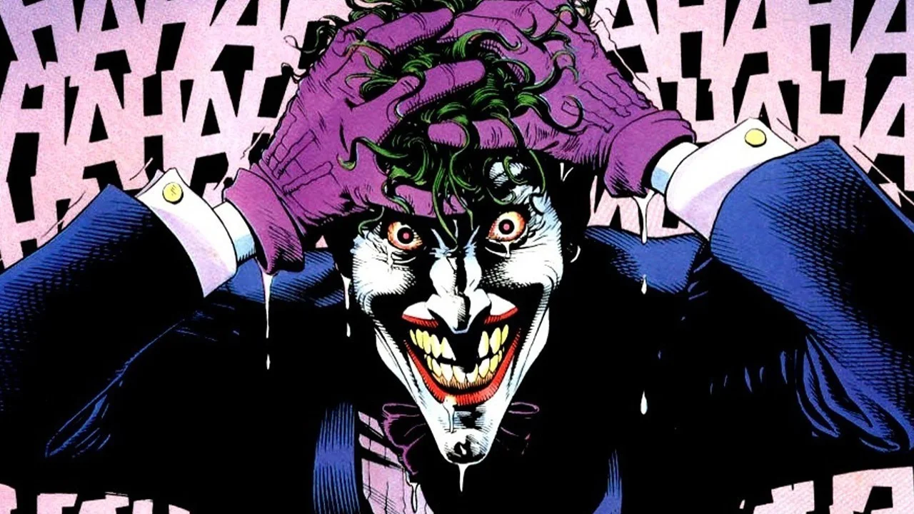 Comic book Joker laughing maniacally with green hair and purple gloves against a HAHAHA background
