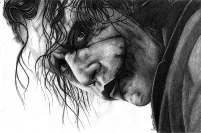 Pencil sketch of Heath Ledger's Joker with head bowed