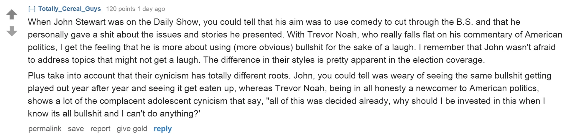 Reddit comment comparing Jon Stewart's and Trevor Noah's hosting styles on The Daily Show