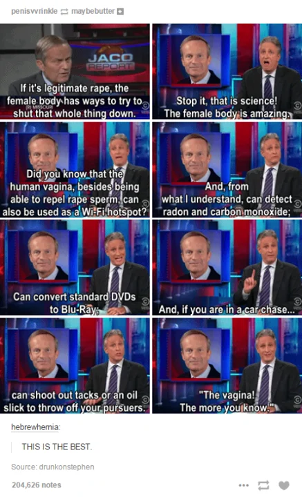 Tumblr screenshot of Jon Stewart mocking Todd Akin's legitimate rape comments on The Daily Show